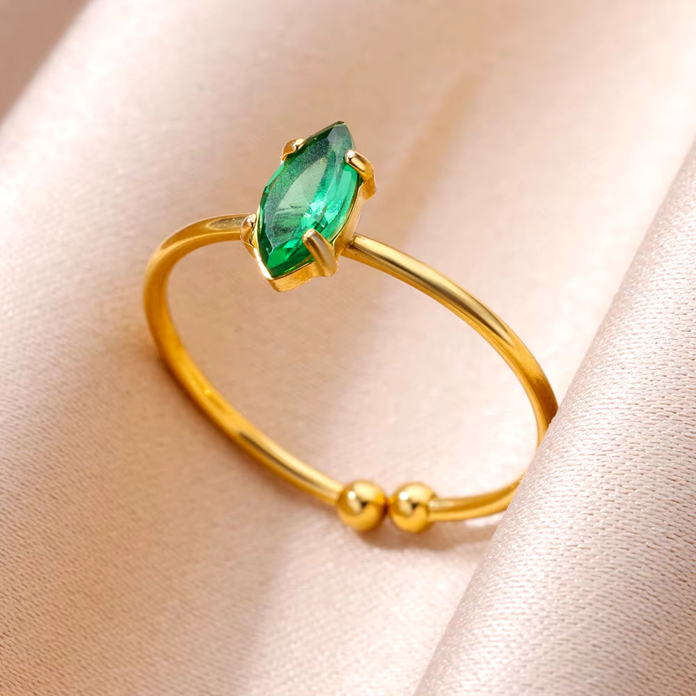 Tiny Green Zircon round Rings for Women Gold Plated Geometric Stainless Steel Oval Ring Luxury Wedding Christmas Jewelry Gift