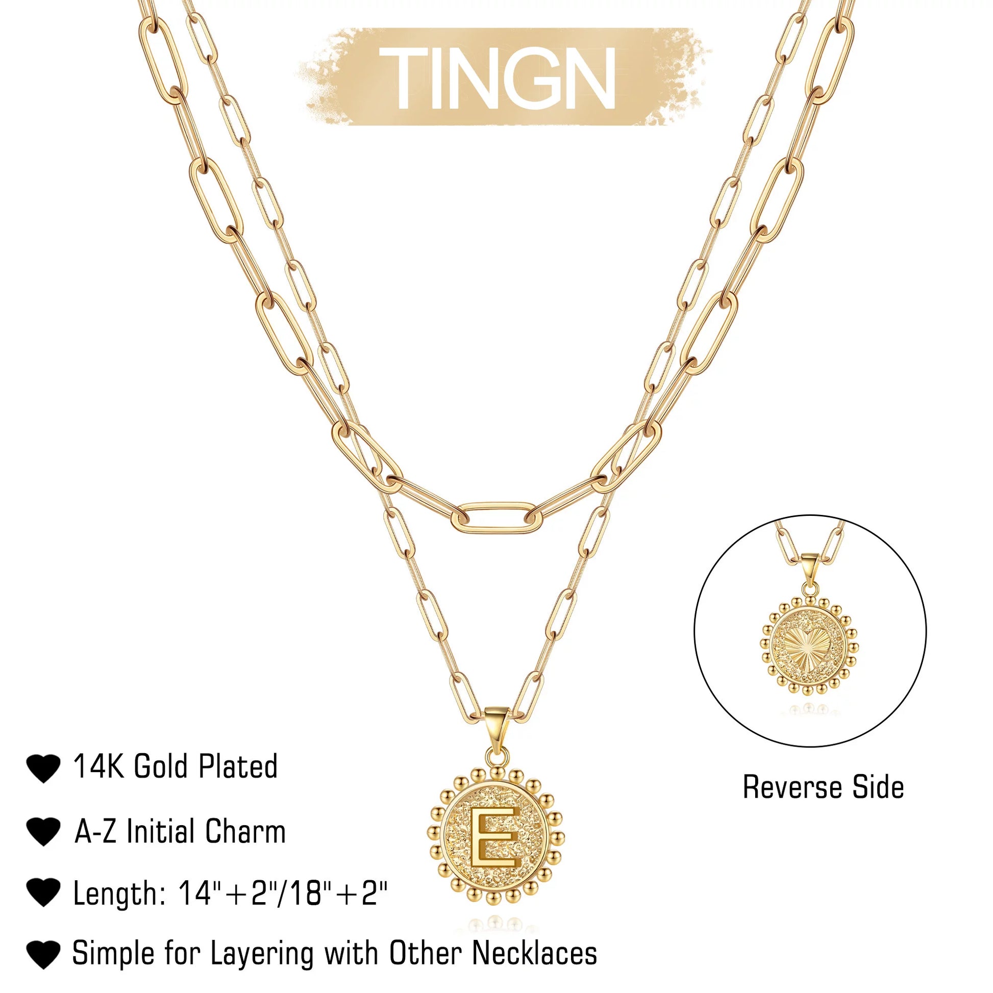 TINGN Gold Initial Necklaces for Women Girls 14K Gold Plated Dainty Layering Paperclip Link Chain Necklace Coin Initial Layered Gold Necklaces for Women