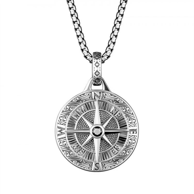 Vintage Compass Medal Pendant Stainless Steel Necklace Mens High Quality round Hip Hop Trend Jewelry Gifts Wholesale